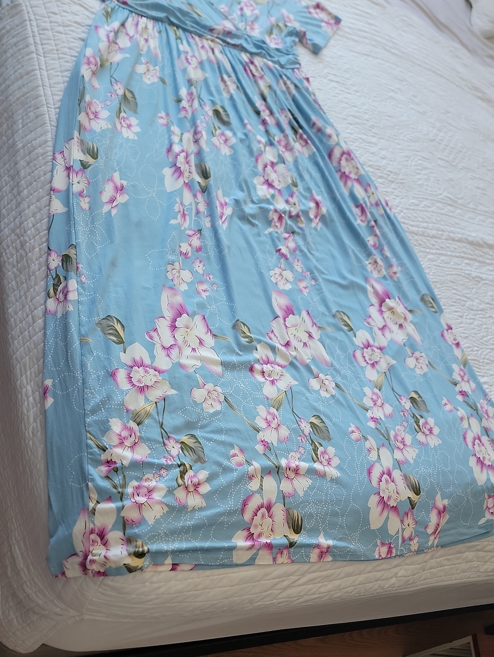 Light Blue And Purple Floral Maxi Dress - V-Neck Women’s Dress With Pockets - Picture 3 of 15